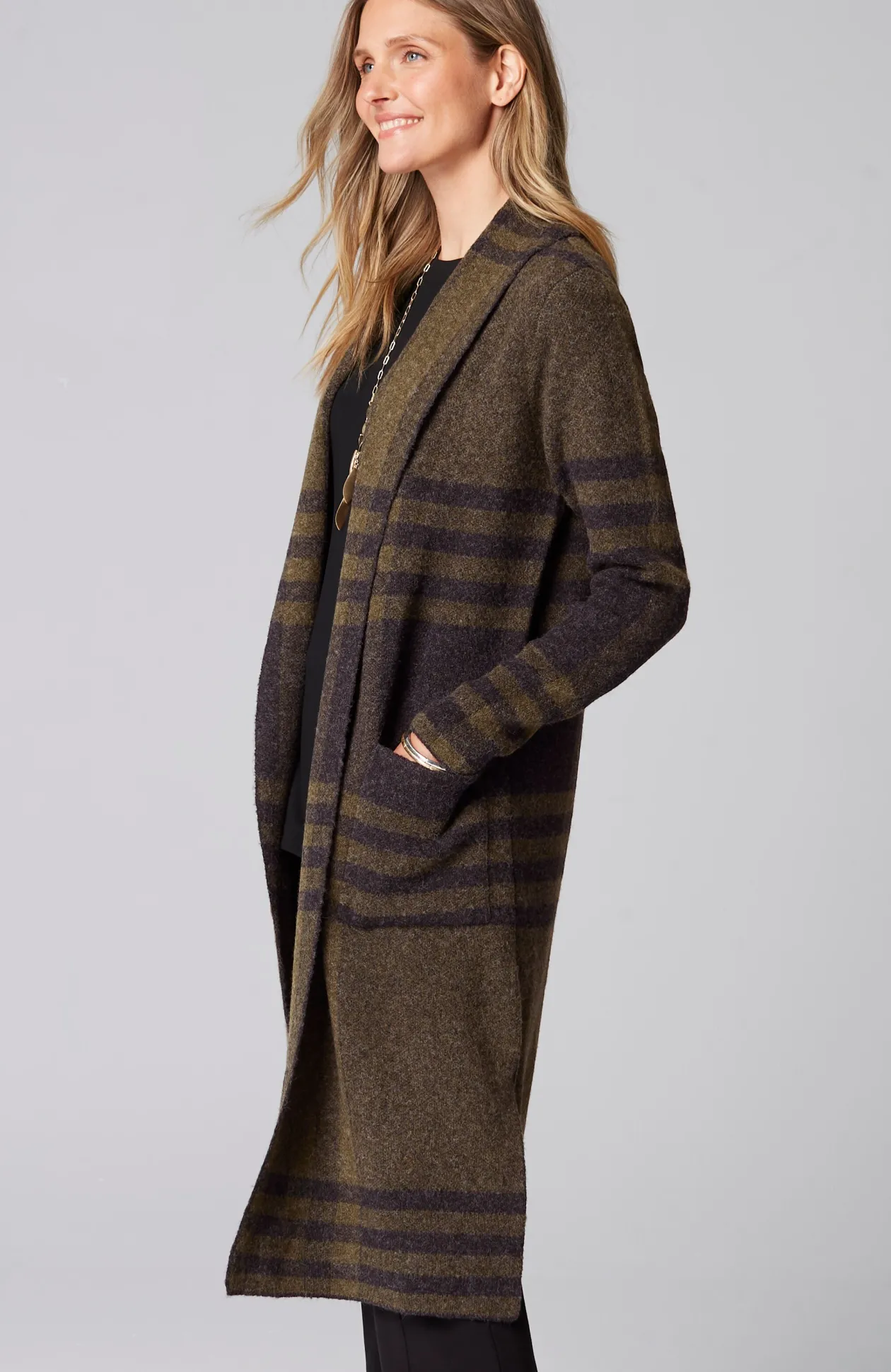 Wearever Shawl-Collar Plaid Sweater Coat
